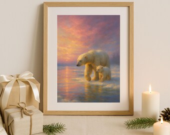 Arktischer Eisbär bei Sonnenuntergang Poster | Wintertiere Wandbild (Digitaler Download)