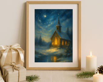 May include: A framed print of a winter church scene. The artwork depicts a church with lit windows, set against a snowy landscape and a starry night sky. The frame is light-colored wood. A gift box and candles are in the foreground.