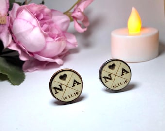 Gemelos de corazón de madera personalizados con iniciales y fecha grabadas, regalo de boda