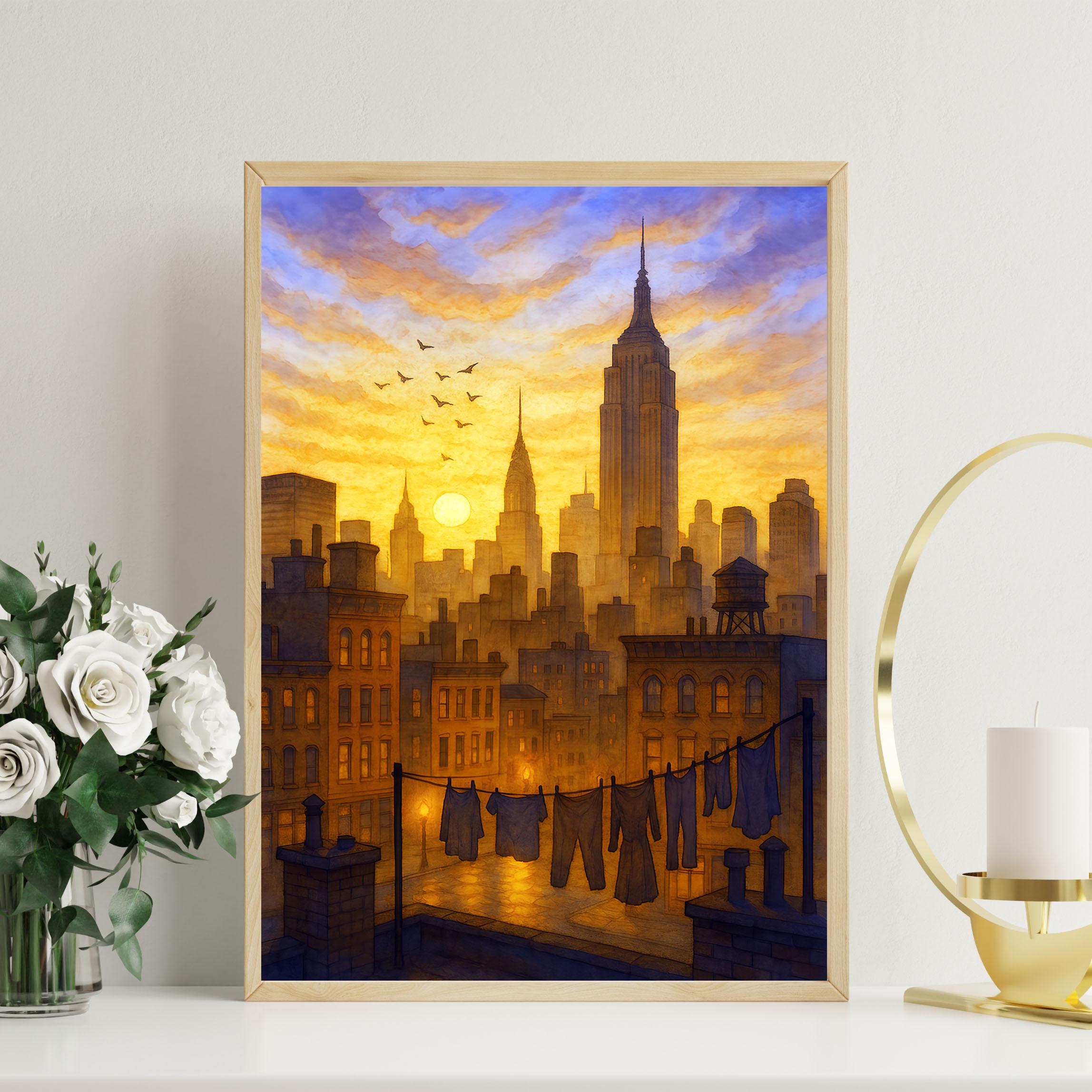 ニューヨークのスカイラインと夕日の水彩画 – エンパイア・ステート