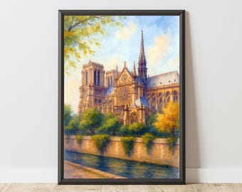 Notre Dame Cathedral Watercolor Print, Paris Wall Art, French Architecture Painting, Digital Download