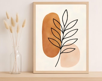 Könnte beinhalten: Ein gerahmter Kunstdruck mit einem abstrakten Design, das eine schwarze Blattform und zwei organische Formen in Orange- und Pfirsichtönen auf cremefarbenem Hintergrund zeigt. Das Kunstwerk wird auf einem Holzregal mit einer Vase mit Trockenblumen ausgestellt.