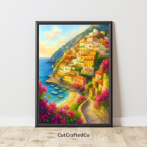 Positano Amalfi Coast Aquarell Druck - Bunte Italienische Klippe Dorf Digitale Wand Kunst, Mittelmeer Reise Dekor PNG