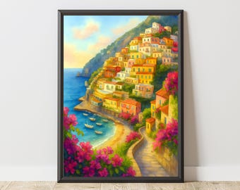 Positano Watercolor Print – Amalfi Coast Cliffside Village (Digital Download)
