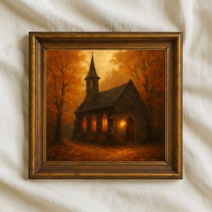 Autumn Chapel Oil Painting Digital Download | Rustic Church Wall Art | Fall Forest Leaves Print for Cozy Seasonal Decor, Digital Autumn