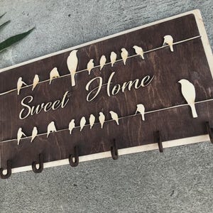 Sweet Home Wooden Key Holder for Wall – Rustic Bird Key Rack with Hooks – Entryway Organizer – Housewarming Gift – Wall Key Hanger