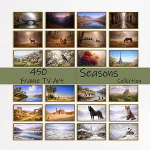 Peut inclure: Une collection d'impressions d'art encadrées représentant divers paysages. Les impressions présentent des forêts, des montagnes et des vues côtières. Le texte "450 Frame TV Art Seasons Collection" est affiché sur une bannière verte.