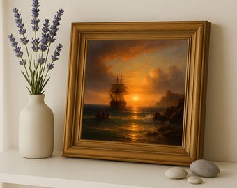 ヴィンテージ帆船の絵画、夕焼けの海景アート（デジタルダウンロード