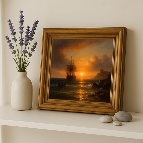 ヴィンテージ帆船の絵画、夕焼けの海景アート（デジタルダウンロード