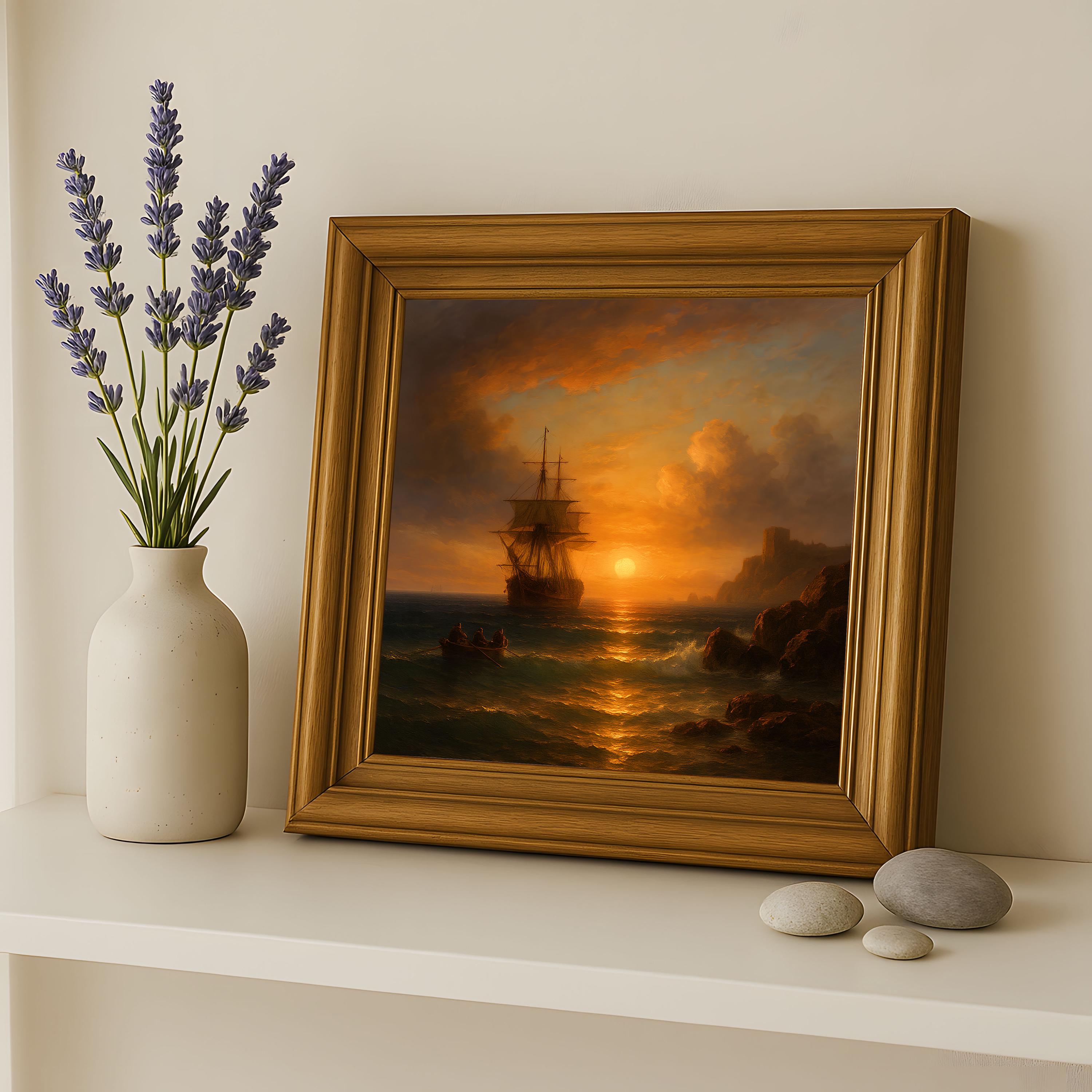 ヴィンテージ帆船の絵画、夕焼けの海景アート（デジタルダウンロード