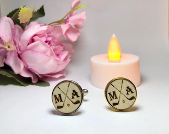 Custom Golf Club Cufflinks | Engraved Initials, Rustic Wood
