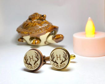 Personalized Antler Wood Cufflinks | Rustic Engraved Wedding Date