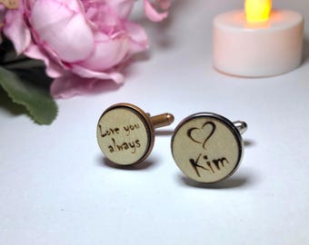 Gemelos de madera personalizados con corazón grabado, regalo romántico para él