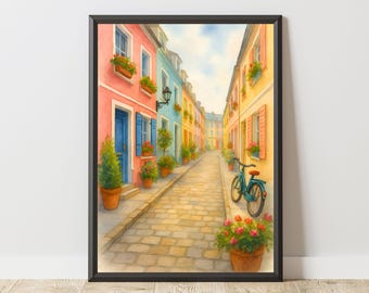 Colorful Paris Street Watercolor Print – French Alley, Bicycle (Digital Download)