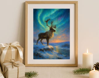 Reindeer Oil Painting Print, Northern Lights Landscape (Digital Download)