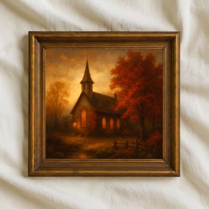 Autumn Church Oil Painting, Rustic Chapel Wall Art, Cozy Country Landscape Print, Fall Harvest Home Decor, Vintage Digital Download
