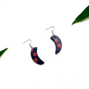 Floral Crescent Wood Earrings, Dark Plywood Laser Cut Dangle, Handmade Boho Jewelry, Lightweight Nature Gift for Her, Retro Botanical Style