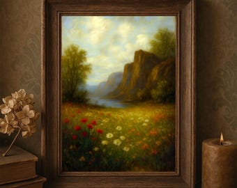 Wildflower Meadow Oil Painting Print – Cottagecore Landscape (Digital Download)