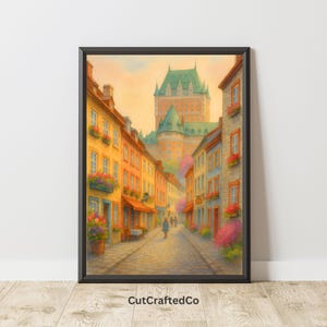 May include: Framed art print of a European street scene. The artwork shows a cobbled street flanked by colourful buildings, leading to a large castle. The print has a warm colour palette with a watercolour effect, evoking a sense of nostalgia.