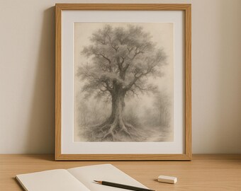 Vintage Oak Tree Pencil Sketch – Rustic Nature Art (Digital Download)