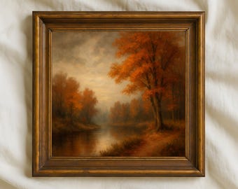 Autumn River Oil Painting | Rustic Fall Landscape Art (Digital Download)