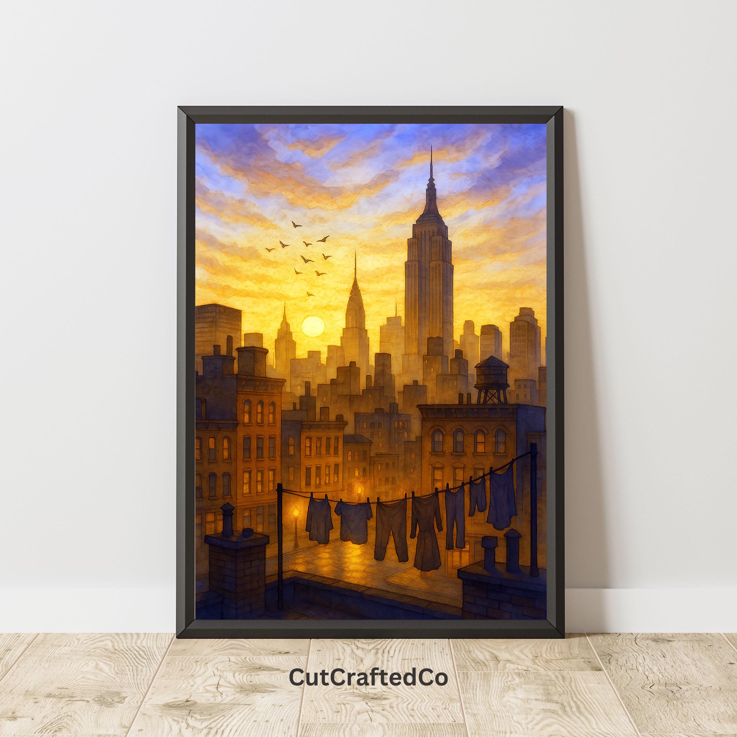 ニューヨークのスカイラインと夕日の水彩画 – エンパイア・ステート