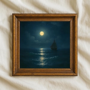 月明かりの海の油絵デジタルダウンロード | 航海海景ウォールアート、PNG 300 DPI | 夜の海のプリント、帆船、海岸の装飾