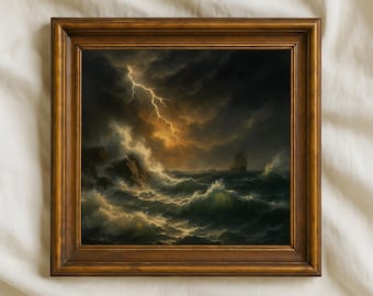 May include: A framed painting depicts a stormy seascape with a ship at sea. The artwork features a dramatic sky with a lightning bolt illuminating the dark clouds. The waves are turbulent, with white foam contrasting against the dark green water. The frame is a warm brown color.