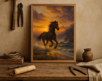 Impresión al óleo de un caballo salvaje al atardecer – Arte rústico para pared occidental (descarga digital)