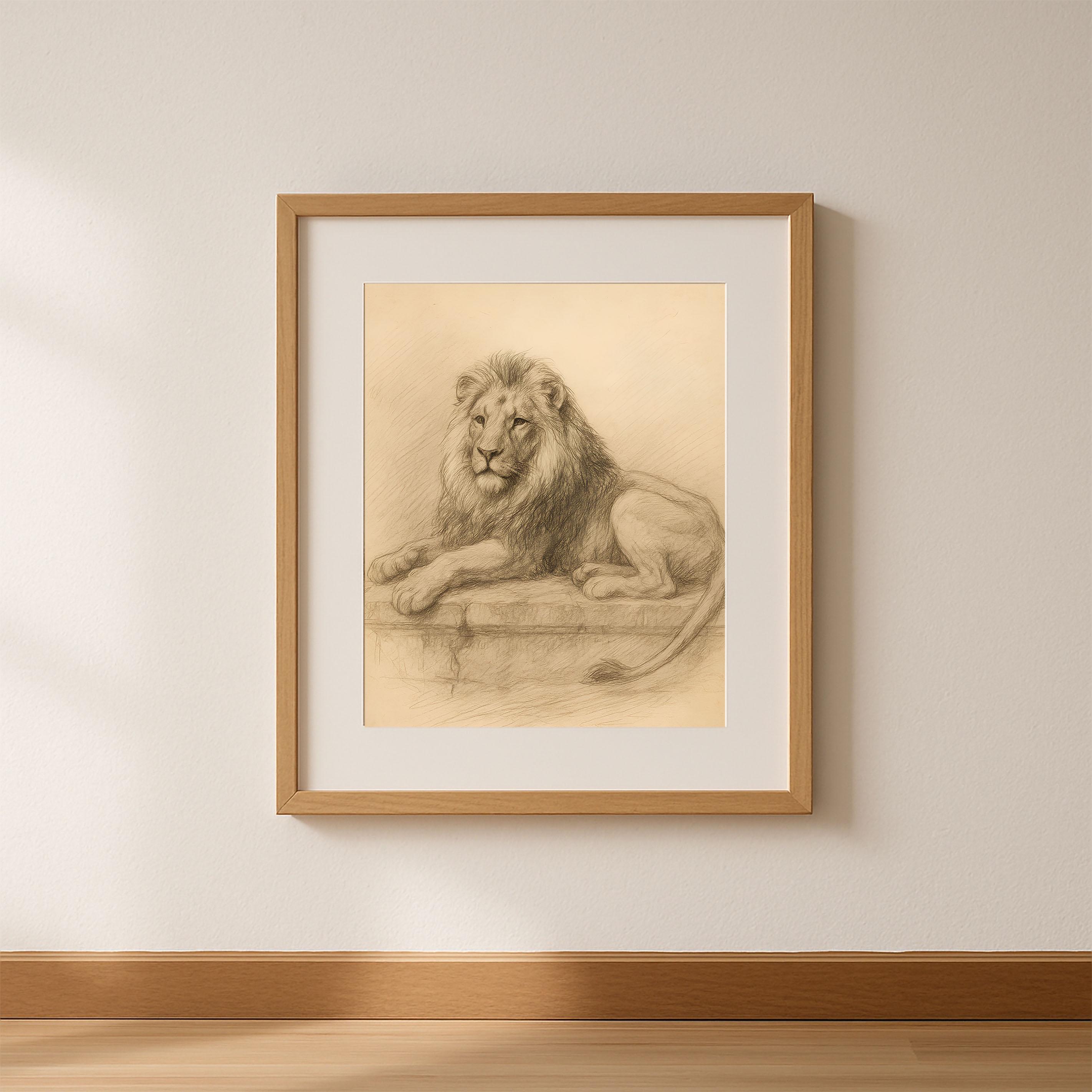 Vintage Lion Pencil Drawing, Safari Animal Sketch (digital
