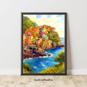 Cinque Terre Watercolor Print – Colorful Italian Coastal Village Digital Wall Art, Mediterranean Travel Home Décor PNG