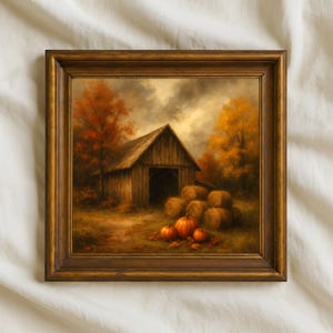 Pumpkin Harvest Barn Wall Art Digital Download | Rustic Autumn Farmhouse Decor | Fall Hay Bales and Country Scene Printable Artwork