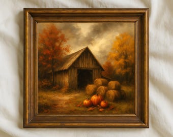 Pumpkin Barn Autumn Art Print | Rustic Farmhouse Wall Decor (Digital Download)