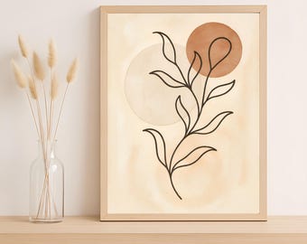 Botanical Line Art Print – Terracotta Circle, Minimalist Plant (Digital Download)