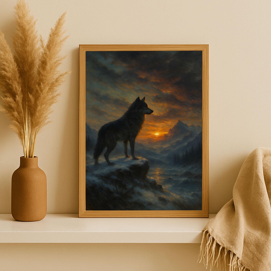 Rustic Wolf Rustic Wolf Mountain Sunset Art Print | Vintage Animal Painting ...