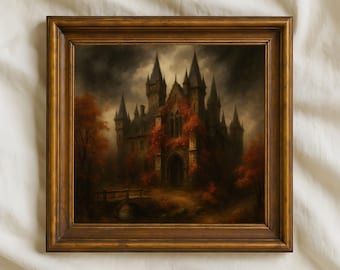 Gothic Castle Autumn Oil Painting, Dark Academia Wall Art (Digital Download)
