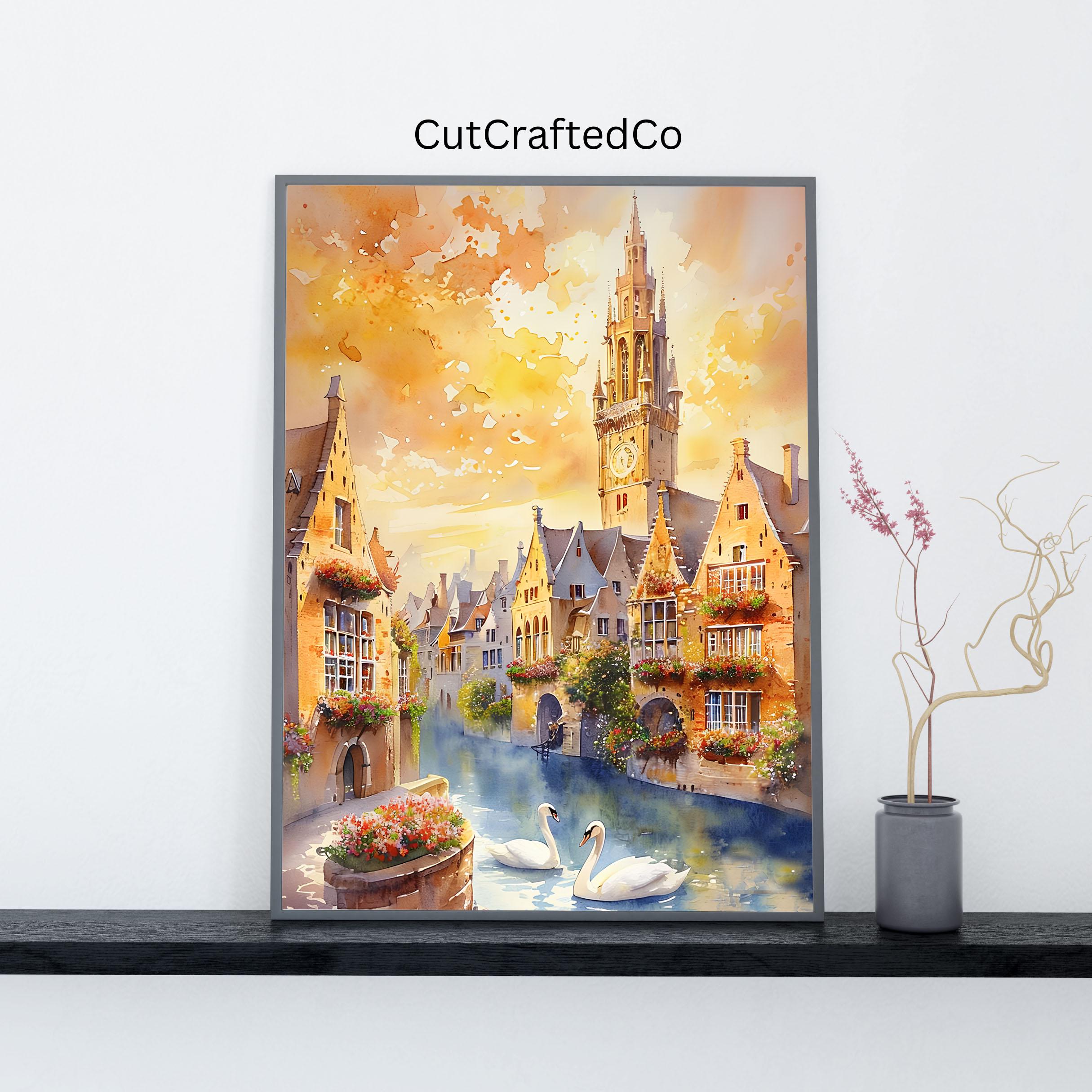 ベルギー、ブルージュの水彩画「ロマンチックな運河の風景、白鳥の