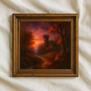 May include: A framed landscape painting depicts a castle in a forest at sunset. The artwork features a path leading to the castle, surrounded by trees with red and orange foliage. The sky is a mix of orange, purple, and red hues.