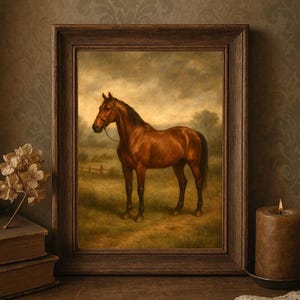 以下が含まれることがあります： 茶色の馬が野原に立っている額入りのヴィンテージ絵画。 馬は焦点であり、暗いタテガミと尾を持っています。 絵画は木製のフレームにあり、手前にろうそくと本があります。