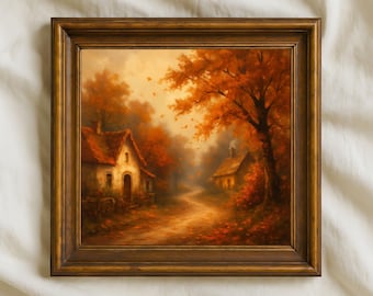 Autumn Cottage Landscape Art Print – Rustic Fall Wall Decor (Digital Download)