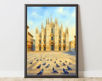 ミラノ大聖堂の水彩画：イタリアの大聖堂芸術、ゴシック建築 - Etsy 日本