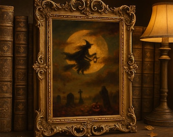 Vintage Halloween Hexe Ölgemälde Druck | Vollmond Friedhof (Digital Download)