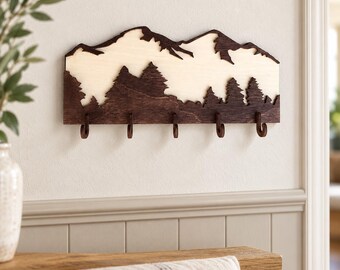 Rustic Mountain Key Holder – Laser Cut Woodland Decor with 5 Hooks