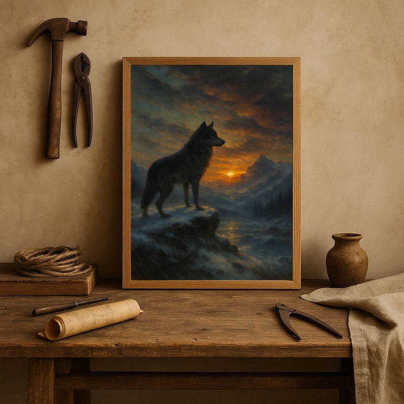 Rustic Wolf Rustic Wolf Mountain Sunset Art Print | Vintage Animal Painting ...