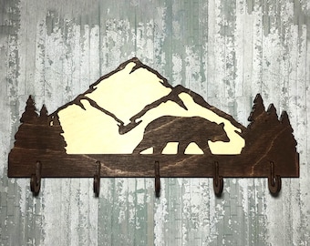 Bear Mountain Key Holder – Rustic Wooden Key Rack, Cabin Decor