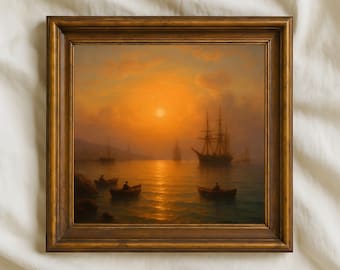 Pintura al óleo de un paisaje marino al atardecer / Arte costero de un velero náutico (Descarga digital)