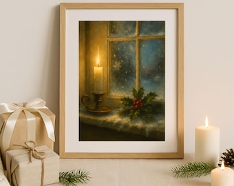 May include: A framed print of a candlelit scene. The artwork depicts a lit candle in a brass holder, a window with falling snow, and holly with red berries. The frame is light brown, and the scene evokes a cozy winter atmosphere.