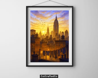 ニューヨークのスカイラインと夕日の水彩画 – エンパイア・ステート