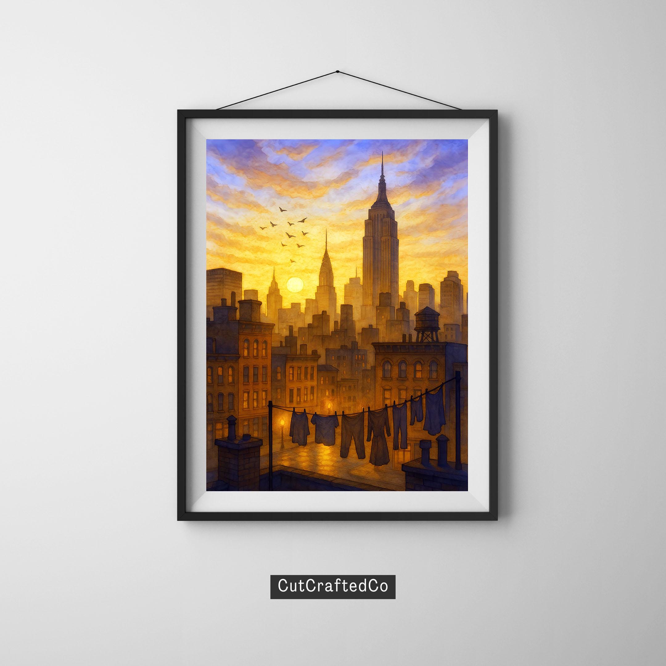 ニューヨークのスカイラインと夕日の水彩画 – エンパイア・ステート