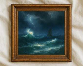 Stormy Seascape Oil Painting Print | Nautical Ship, Lightning (Digital Download)